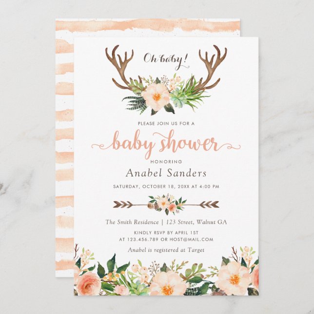Floral Boho Antler Cactus Succulents Baby Shower Invitation (Front/Back)