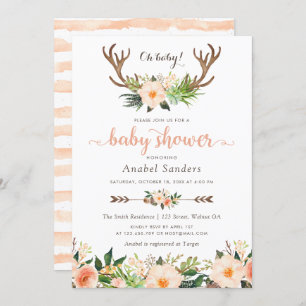 Floral Boho Antler Cactus Succulents Baby Shower Invitation