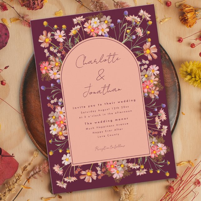 Floral Boho Arch Burgundy Fall Wedding Invitation (Boho floral arch burgundy terracotta peach wedding invitation watercolor wildflowers )