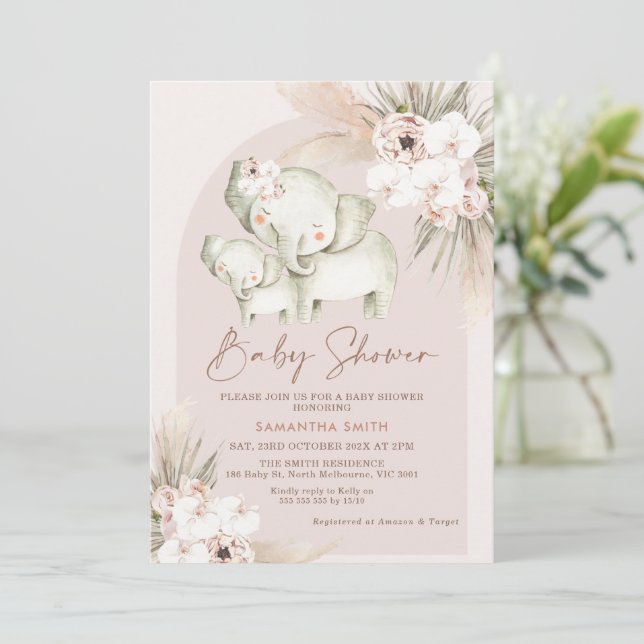 Floral Boho Arch Elephant Calf Baby Shower Invitation (Standing Front)