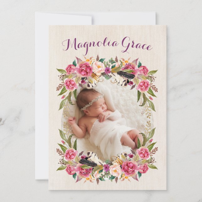 Floral Boho Baby Girl Birth Announcement Cards (Front)