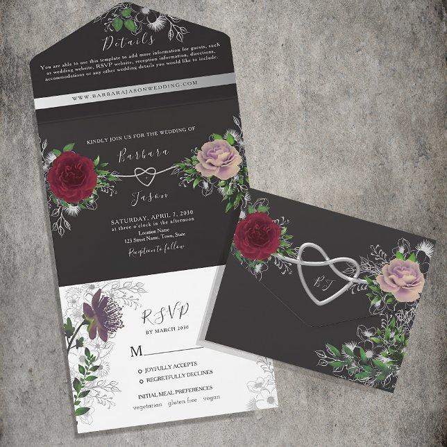 Floral Boho Black and White Wedding All In One Invitation (Creator Uploaded)