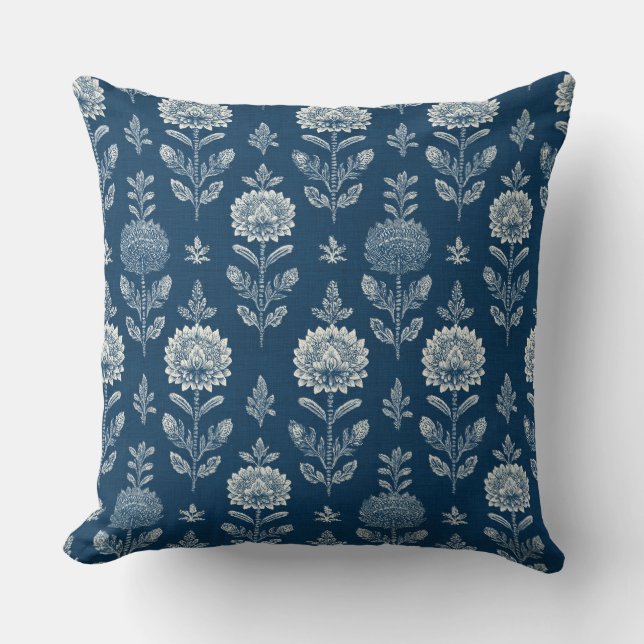 Floral Boho Blue Throw Pillow (Front)
