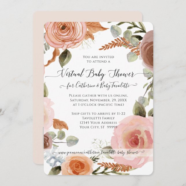Floral Boho Blush Earth Tone Baby Virtual Shower Invitation (Front/Back)