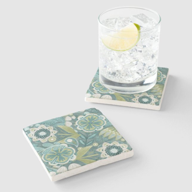 Floral Boho Botanical Pattern Stone Coaster (Side)