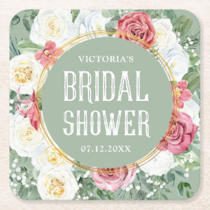Floral Boho Bridal Shower Decorative Square Paper Coaster