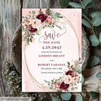Floral Boho Burgundy Blush Gold Roses Save Date