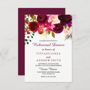 Floral Boho Burgundy Red Wedding Rehearsal Dinner Invitation