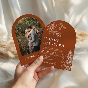Floral Boho Burnt Orange Terracotta Arched Wedding Invitation