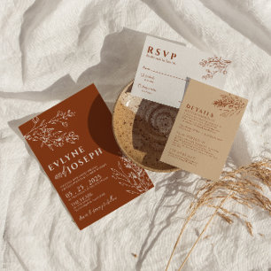 Floral Boho Burnt Orange Terracotta Herbal Wedding Invitation