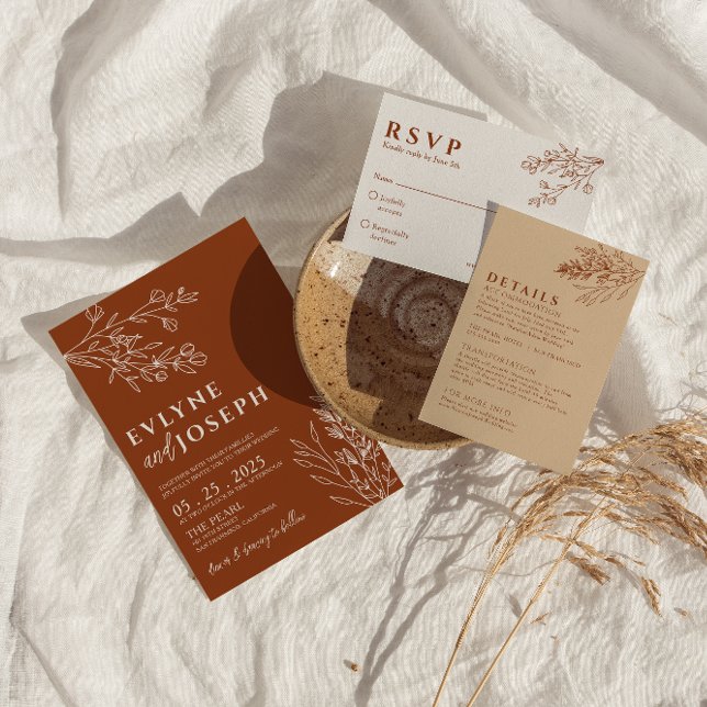 Floral Boho Burnt Orange Terracotta Herbal Wedding Invitation (Creator Uploaded)