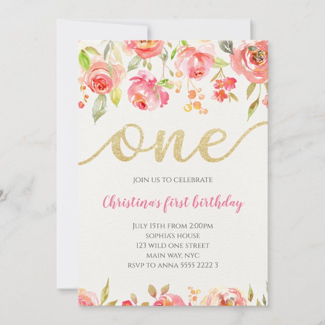 Floral Boho Calligraphy Baby Girl First Birthday Invitation (Front)