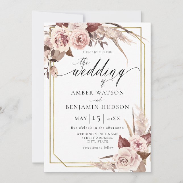 Floral Boho Champagne Watercolor Pampas Wedding  Invitation (Front)