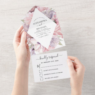 Floral Boho Dusty Pink Purple Wedding RSVP All In One Invitation