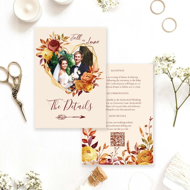 Floral Boho Fall in Love Photo Wedding Details Enclosure Card (Creator Uploaded)