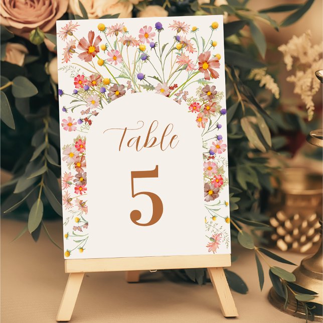 Floral Boho Fall Wedding Table Number (Boho watercolor floral arch fall wedding table number card Terrcaotta beige elegant script)