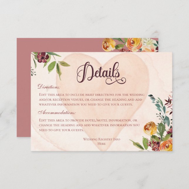 Floral Boho Heart Peach Wedding Details Enclosure Card (Front/Back)