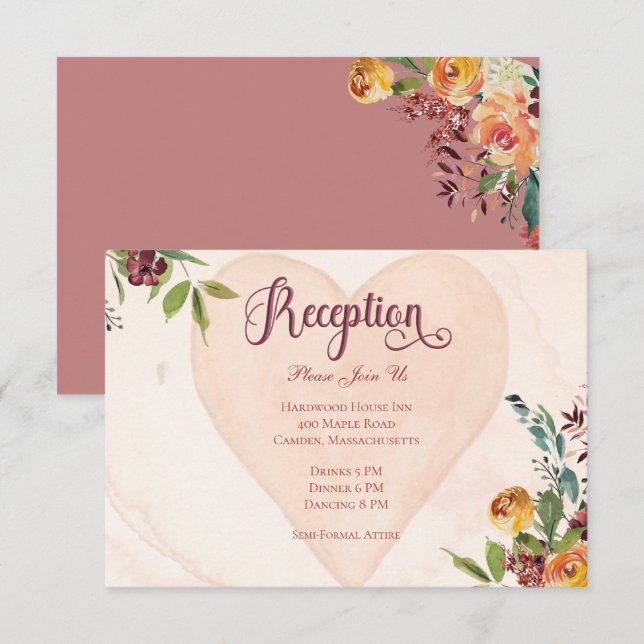 Floral Boho Heart Peach Wedding Reception Enclosure Card (Front/Back)