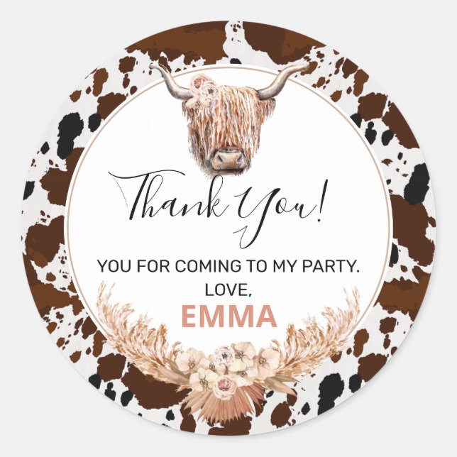 Floral Boho Highland Cow Birthday Favor Sticker (Front)
