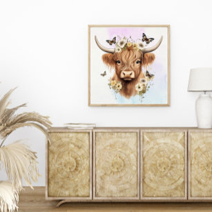 Floral Boho Highland Cow with Pastel Background Poster