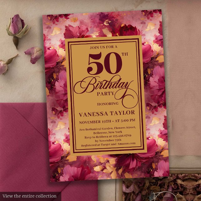 Floral boho maroon blush gold roses 50th birthday  invitation (Floral maroon blush gold roses 50th birthday invitation

)