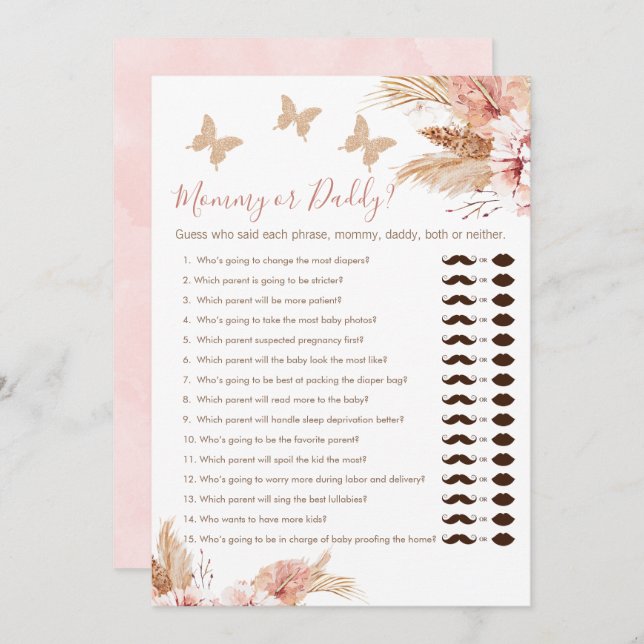 Floral Boho Mommy or Daddy Baby Shower Game Card (Front/Back)