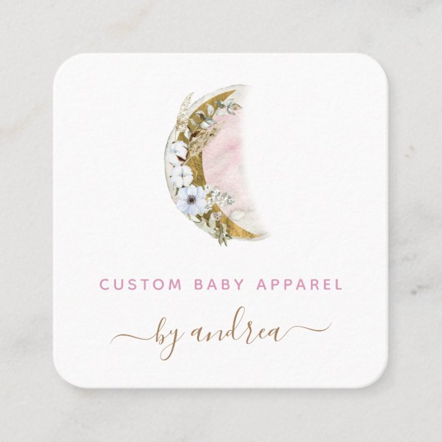 Floral Boho Moon Baby Boutique Social Media QR Square Business Card (Front)