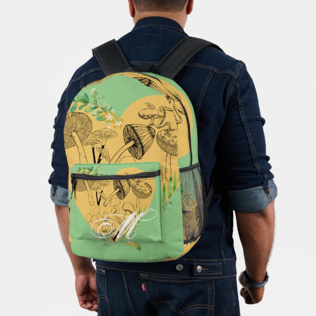 Floral Boho Mushrooms and Frogs Monogram Printed Backpack (Insitu (Model))