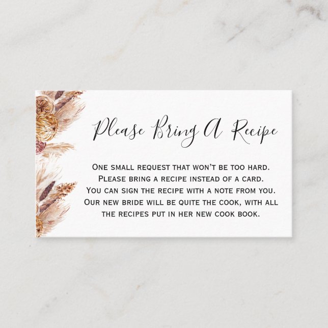 Floral Boho Pampas Bring Recipe Bridal Shower Card (Front)