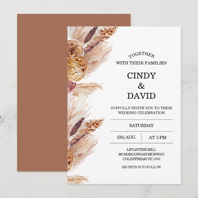 Floral Boho Pampas Grass Wedding Invitation (Front/Back)