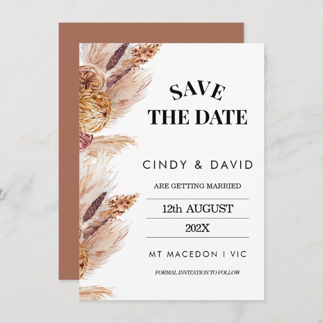 Floral Boho Pampas Grass Wedding Save The Date Inv Invitation (Front/Back)