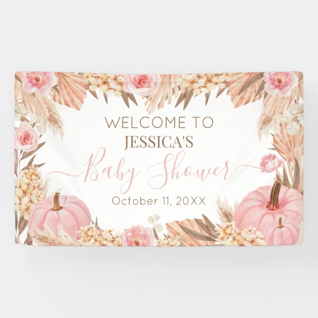 Floral Boho Pampas Pink Pumpkin baby shower  Banner (Horizontal)