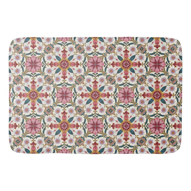 Floral Boho Pattern in Red, Pink & Teal Bath Mat (Front)