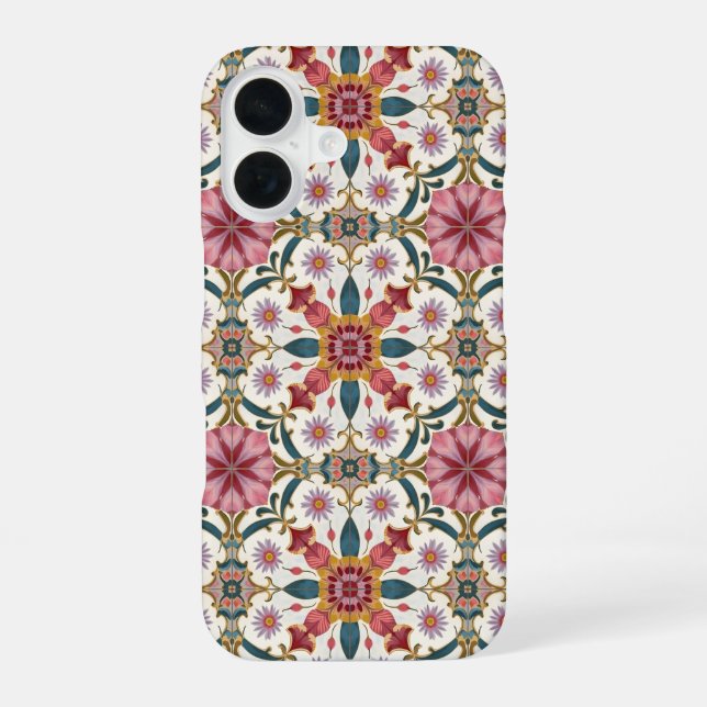 Floral Boho Pattern in Red, Pink & Teal iPhone 16 Case (Back)