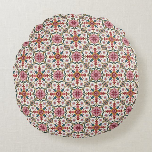 Floral Boho Pattern in Red, Pink & Teal Round Cushion (Front)