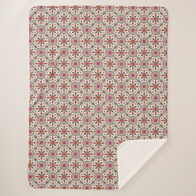 Floral Boho Pattern in Red, Pink & Teal Sherpa Blanket (Front)