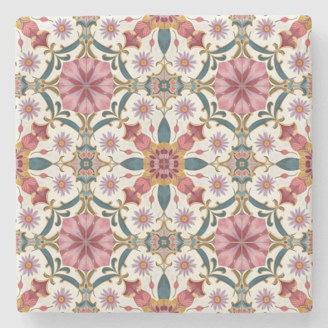 Floral Boho Pattern in Red, Pink & Teal Stone Coaster (Front)