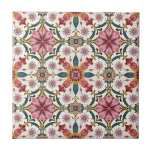 Floral Boho Pattern in Red, Pink & Teal Tile