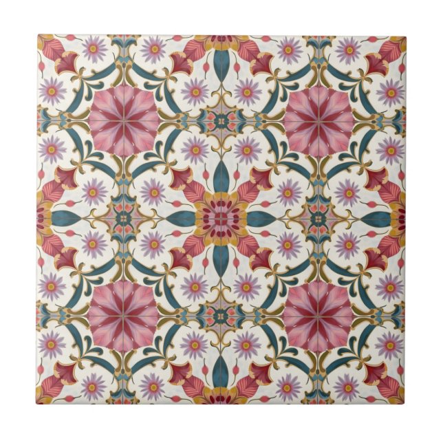 Floral Boho Pattern in Red, Pink & Teal Tile (Front)