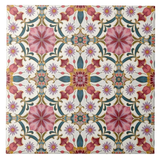 Floral Boho Pattern in Red, Pink & Teal Tile (Front)