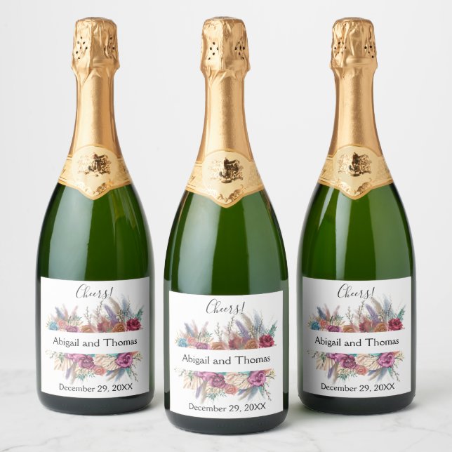 Floral Boho Personalised Trendy Wedding Favour  Sparkling Wine Label (Bottles)