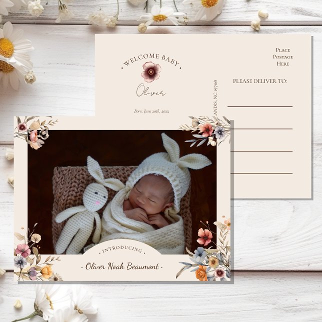 Floral Boho Photo Birth Announcement Postcard (Creator Uploaded)
