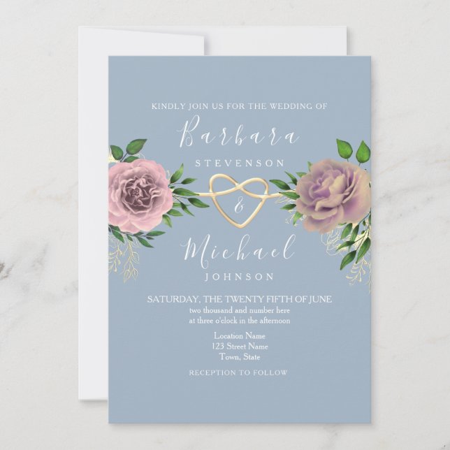 Floral Boho Pink and Dusty Blue Wedding Invitation (Front)