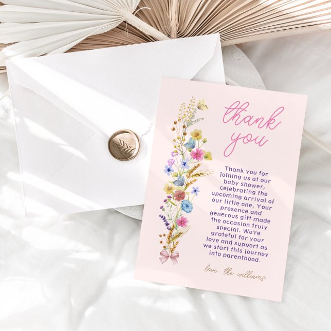 Floral Boho Pink Baby Girl Shower Thank You Card (Creator Uploaded)