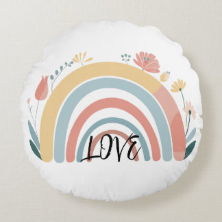 Floral Boho Rainbow Round Throw Pillow