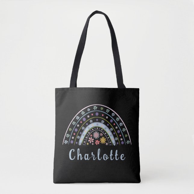 Floral Boho Rainbow with Personalised Name  Tote Bag (Front)