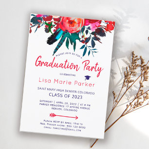 Floral boho red navy blue bouquet graduation party invitation