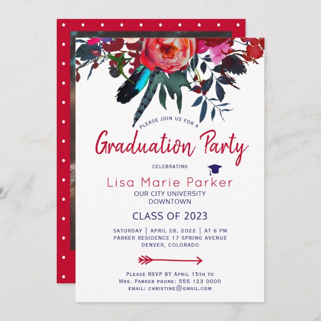 Floral boho red navy PHOTO graduation party Invitation (Front/Back)
