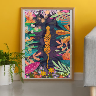 floral boho retro Jungle Leopard yellow multicolor Poster