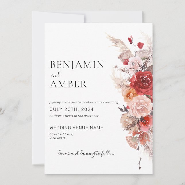 Floral Boho Rust Burnt Orange Burgundy Wedding Invitation (Front)